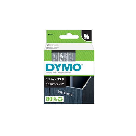 Nastro D1 standard 450200 - 12 mm x 7 mt - PL - bianco/trasparente - Dymo