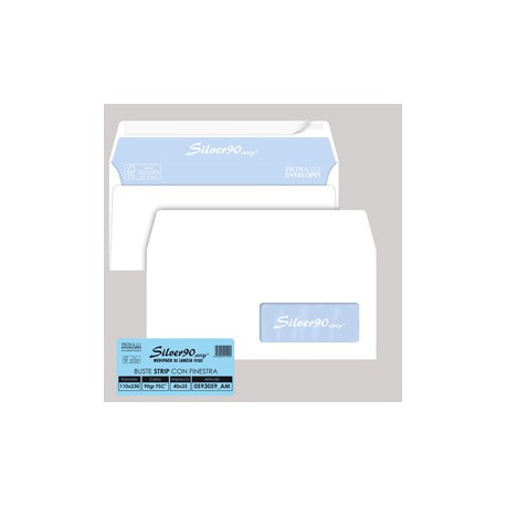 Busta SILVER90 STRIP FSC - bianca - internografata - con finestra - 110 x 230 mm - 90 gr - Pigna Envelopes - conf. 25 pe