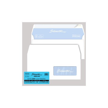 Busta Silver90 Strip FSC® - con finestra - internografata - 11 x 23 cm - 90 gr - bianco - Pigna - conf. 500 pezzi