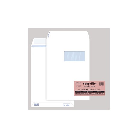 Busta a sacco Competitor FSC® - strip adesivo - con finestra - 23 x 33 cm - 100 gr - bianco - Pigna - conf. 500 pezzi