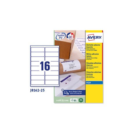 Etichette adesive J8162 - in carta - angoli arrotondati - inkjet - permanenti - 99,1 x 33,9 mm - 16 et/fg - 25 fogli - b