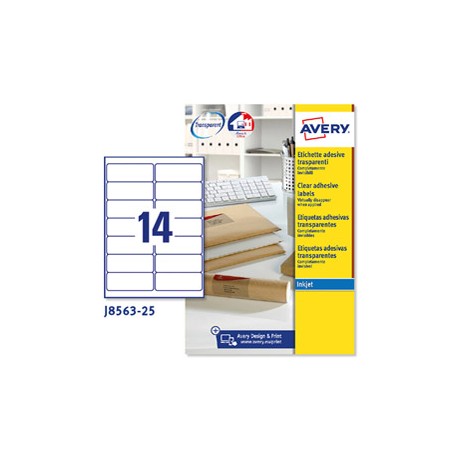 Etichette adesive J8563 - in poliestere - inkjet - permanenti - 99,1 x 38,1 mm - 14 et/fg - 25 fogli - trasparente - Ave