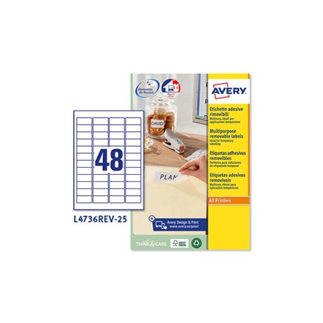 Etichette adesive L4736REV - in carta - angoli arrotondati - rimovibili - 45,7 x 21,2 mm - 48 et/fg - 25 fogli - bianco 