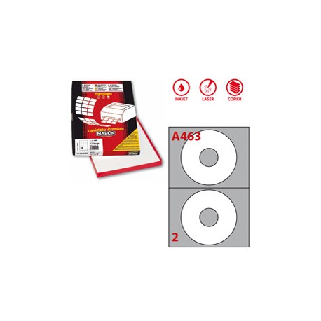 Etichette adesive A/463 - in carta - permanenti - diametro CD 117,5 mm - foro 41 mm - 2 et/fg - 100 fogli - bianco - Mar