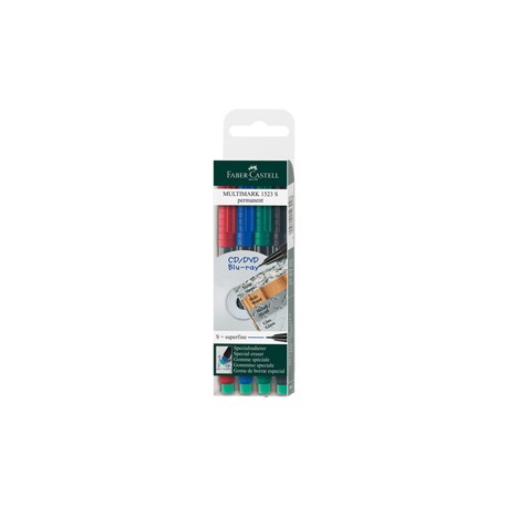 Pennarello Multimark universale con gomma - astuccio 4 colori - punta superfine 0,4 mm - Faber Castell