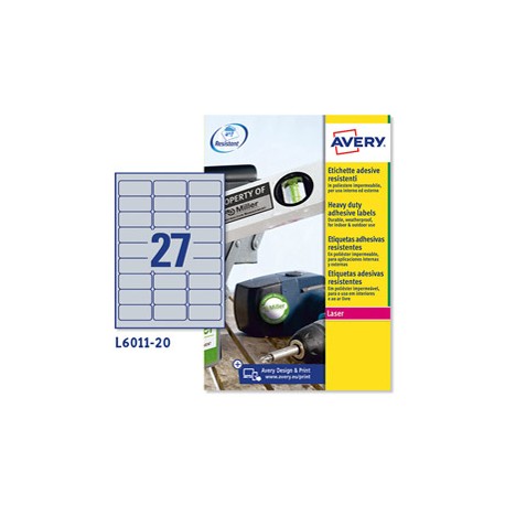 Etichette adesive L6011 - in poliestere - laser - permanenti - 63,5 x 29,6 mm - 27 et/fg - 20 fogli - argento - Avery