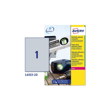 Etichette adesive L6013 - in poliestere - laser - permanenti - 210 x 297 mm - 1 et/fg - 20 fogli - argento - Avery