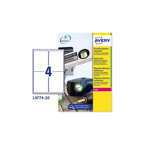 Etichette adesive L4774 - in poliestere - laser - permanenti - 99,1 x 139 mm - 4 et/fg - 20 fogli - bianco - Avery