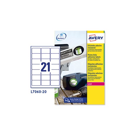 Etichette adesive L7060 - in poliestere - laser - permanenti - 63,5 x 38,1 mm - 21 et/fg - 20 fogli - bianco - Avery