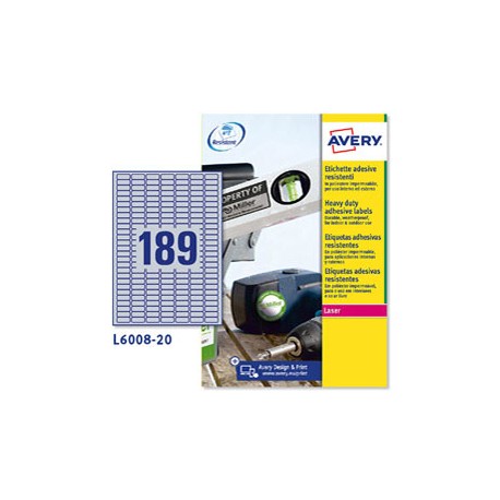 Etichette adesive L6008 - in poliestere - laser - permanenti - 24,5 x 10 mm - 189 et/fg - 20 fogli - argento - Avery