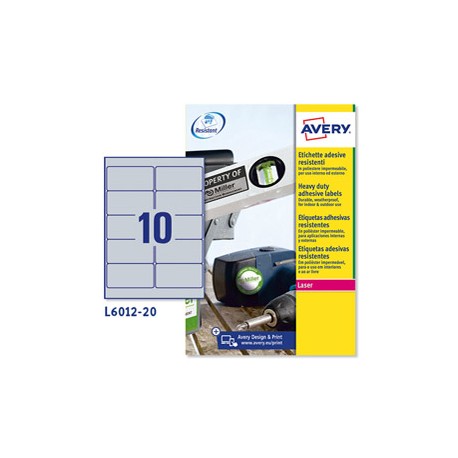 Etichette adesive L6012 - in poliestere - laser - permanenti - 96 x 50,8 mm - 10 et/fg - 20 fogli - argento - Avery