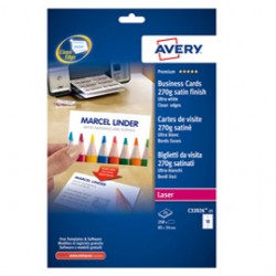 Biglietti da visita - 85 x 54 mm - 270 gr - effetto satinato - bianco - Avery - conf. 25 fogli da 10 biglietti