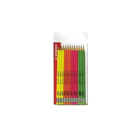 Blister 12 matite grafite c/gommino HB fusto in 4 colori fluo Stabilo