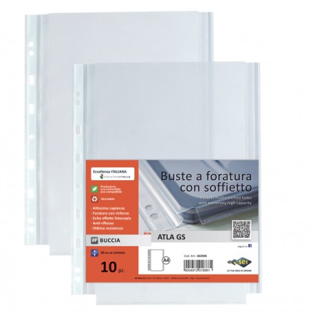 Buste forate Atla GS - PP - 21 x 29,7 cm - c/soffietto - trasparente buccia - Sei Rota - conf. 10 pezzi