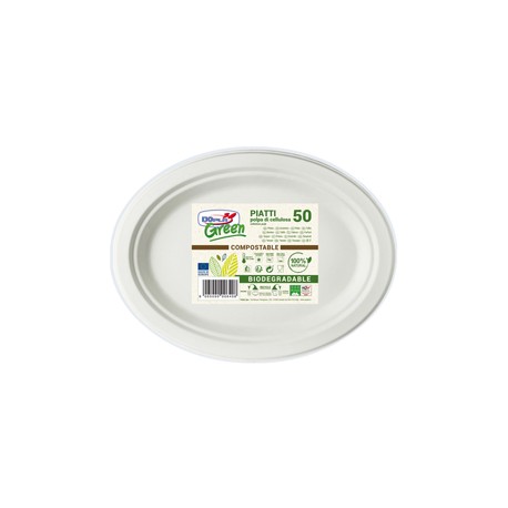 Piatto piano monouso - ovale midi - 19 x 25,4 cm - cellulosa - bianco - Dopla Green - conf. 50 pezzi