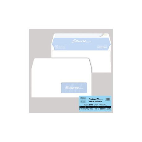 Busta Silver90 Strip Laser FSC® - con finestra - internografata - 11 x 23 cm - 90 gr - bianco - Pigna - conf. 500 pezzi