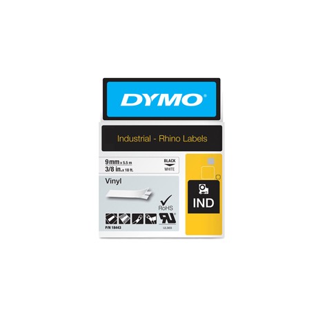 Nastro Rhino 18443 - 9 mm x 5,5 mt - vinile - permanente - nero/bianco - Dymo