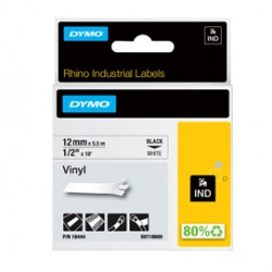 Nastro Rhino 18444 - 12 mm x 5,5 mt - vinile - permanente - nero/bianco - Dymo