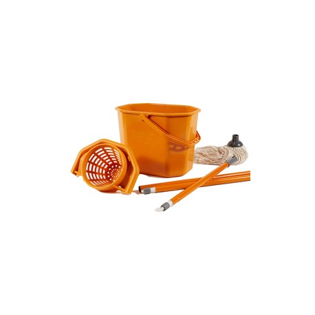 Kit per pavimenti Secchiostrizza - secchio con strizzatore 12 L + mop 240 gr + manico da 130 cm - arancione - Perfetto