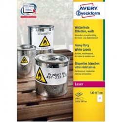 Etichette adesive L4775 - in PE - laser - permanenti - 210 x 297 mm - 1 et/fg - 100 fogli - bianco - Avery