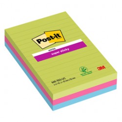 Blocco foglietti Post it® Super Sticky rettangolari - 660-3SSUC - a righe - 101 x 152 mm - colori Ultra - 90 fogli - Pos