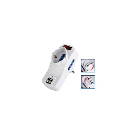 Adattatore rotante con interruttore - 2 prese bipasso 2P+T 10/16A + 1 presa Schuko + 2 prese USB - MKC