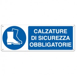 Cartello segnalatore - 35x12,5 cm - CALZATURE DI SICUREZZA OBBLIGATORIE - alluminio - Cartelli Segnalatori