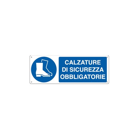 Cartello segnalatore - 35x12,5 cm - CALZATURE DI SICUREZZA OBBLIGATORIE - alluminio - Cartelli Segnalatori