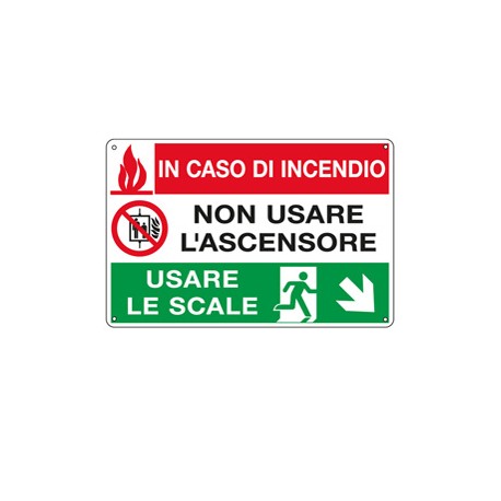 Cartello segnalatore multisimbolo - 30x20 cm - IN CASO DI INCENDIO NON USARE L'ASCENSORE… - alluminio - Cartelli Segnala