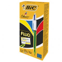 Penna a sfera scatto multifunzione 4 Colorus Fluo  - punta 1,0/1,6mm - 4 colori fluo - fusto giallo fluorescente - Bic -