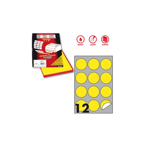 Etichette adesive R/310 - in carta - permanenti - tonde - diametro 60 mm - 12 et/fg - 100 fogli - giallo fluo - Markin