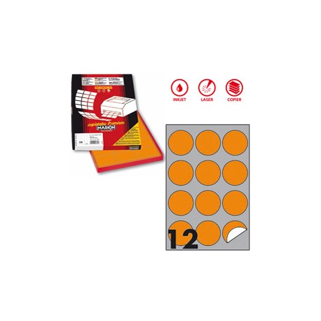 Etichette adesive R/310 - in carta - permanenti - tonde - diametro 60 mm - 12 et/fg - 100 fogli - arancio fluo - Markin