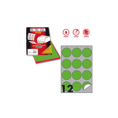 Etichette adesive R/310 - in carta - permanenti - tonde - diametro 60 mm - 12 et/fg - 100 fogli - verde fluo - Markin