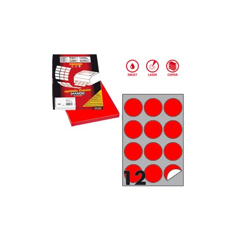 Etichette adesive R/310 - in carta - permanenti - tonde - diametro 60 mm - 12 et/fg - 100 fogli - rosso fluo - Markin