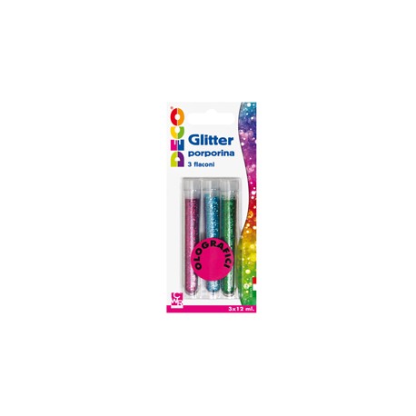 Blister glitter 3 flaconi grana fine 12ml colori assortiti olografici Cwr