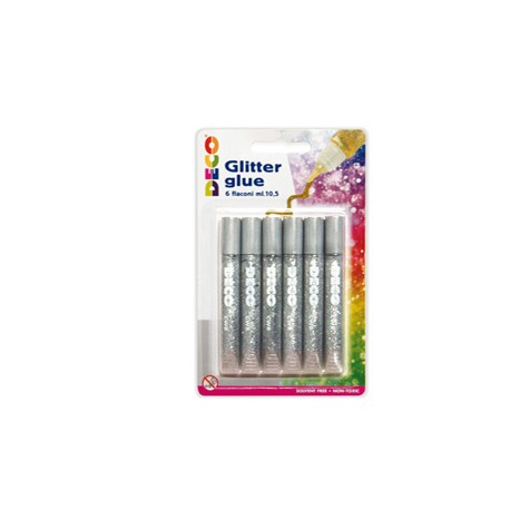 Blister colla glitter - 10,5 ml - argento - Deco - conf. 6 pezzi