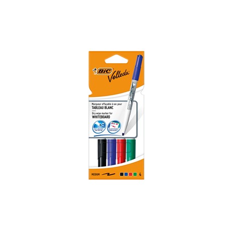 Pennarello Whiteboard Marker Velleda 1741 - punta tonda 1,4 mm - colori assortiti - Bic - astuccio 4 pezzi