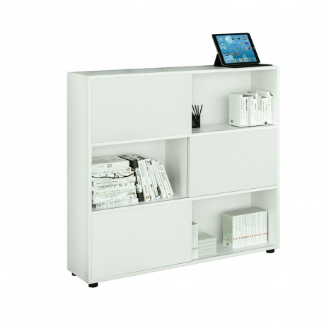 Libreria bassa Tetris a 3 ripiani ante scorrevoli - 120x35x116 cm - Bianco/bianco