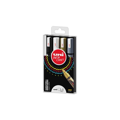 Marcatore a gesso liquido Uni Chalk Marker - punta tonda da 1,80 - 2,50 mm - colori assortiti - Uni Mitsubishi - busta 4