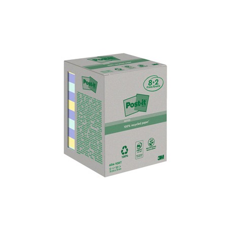 Blocco foglietti Post-it - 654-RCP10 - 76 x 76 mm - carta riciclata - colori pastel - 100 fogli - Post-it - conf. 10 pez