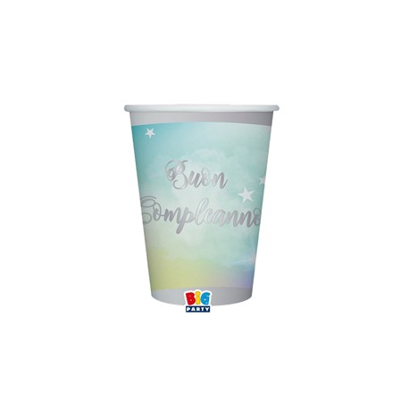 Bicchiere Soft Rainbow - Buon Compleanno - 200 ml - carta - Big Party - conf. 8 pezzi